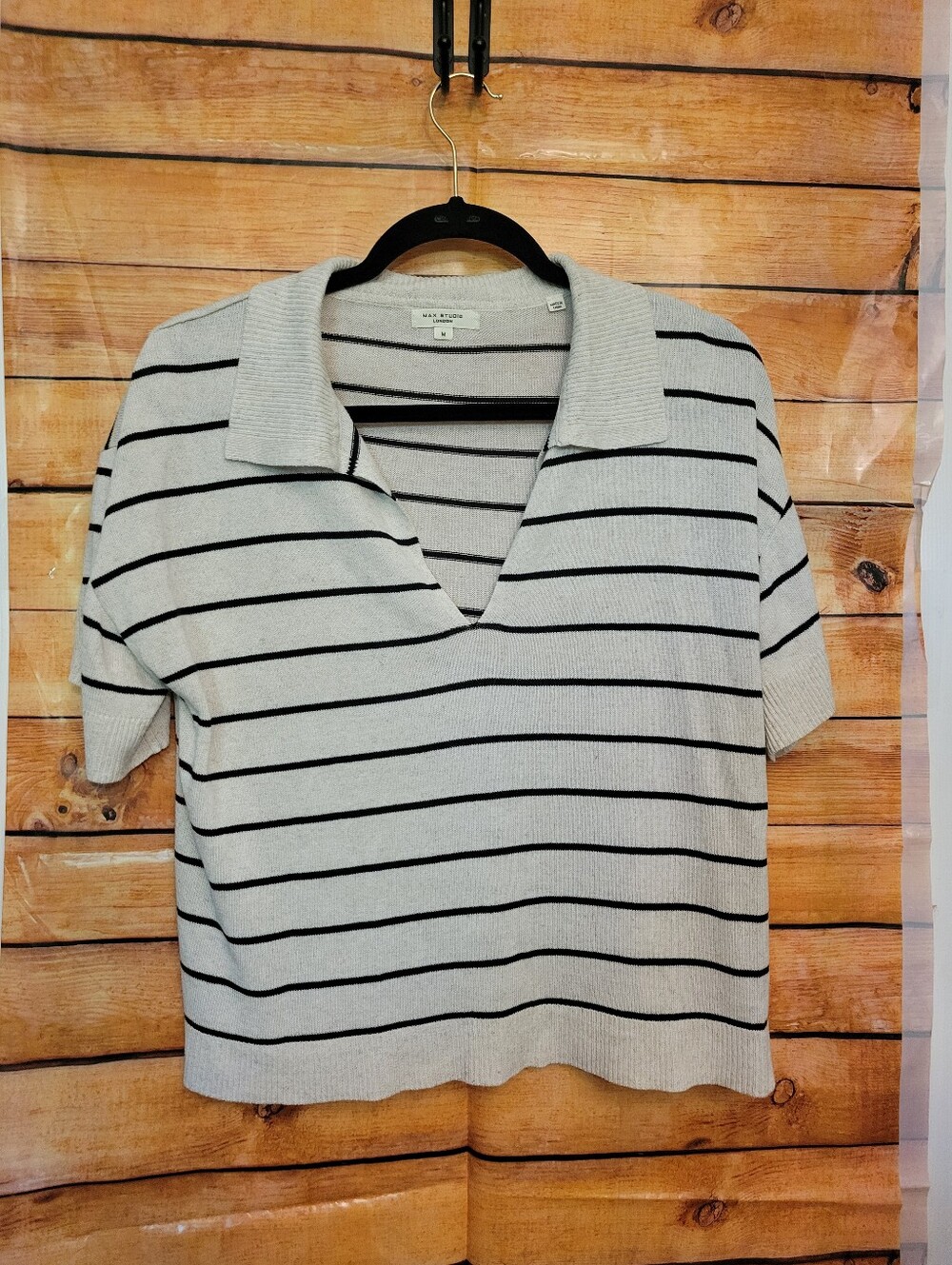 Max Studio Boxy Cream and Black Striped Short-Sleeve Polo Top